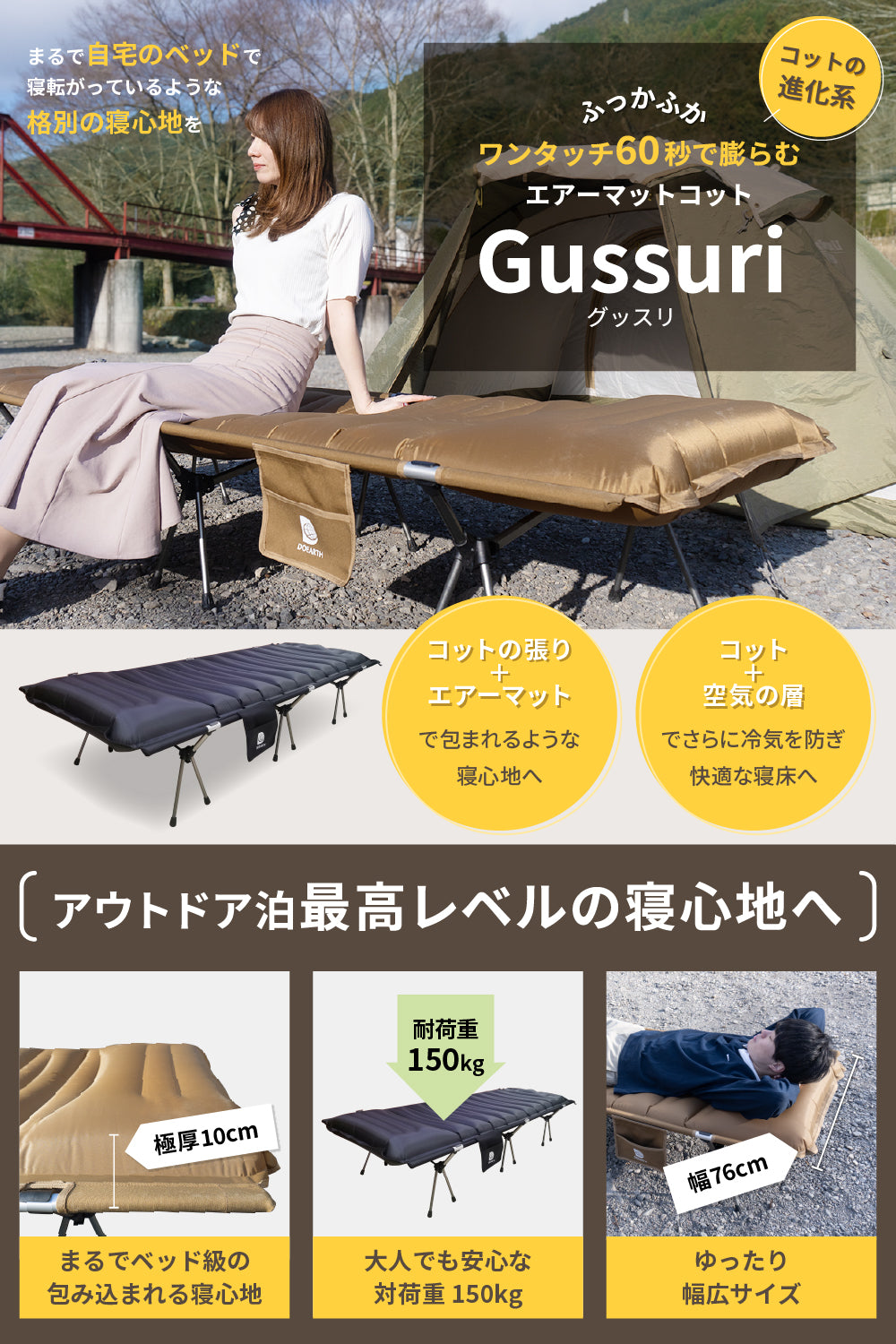 キャンプ泊に沼るエアーコットマットGussuri【注文後2〜4営業日以内に出荷】