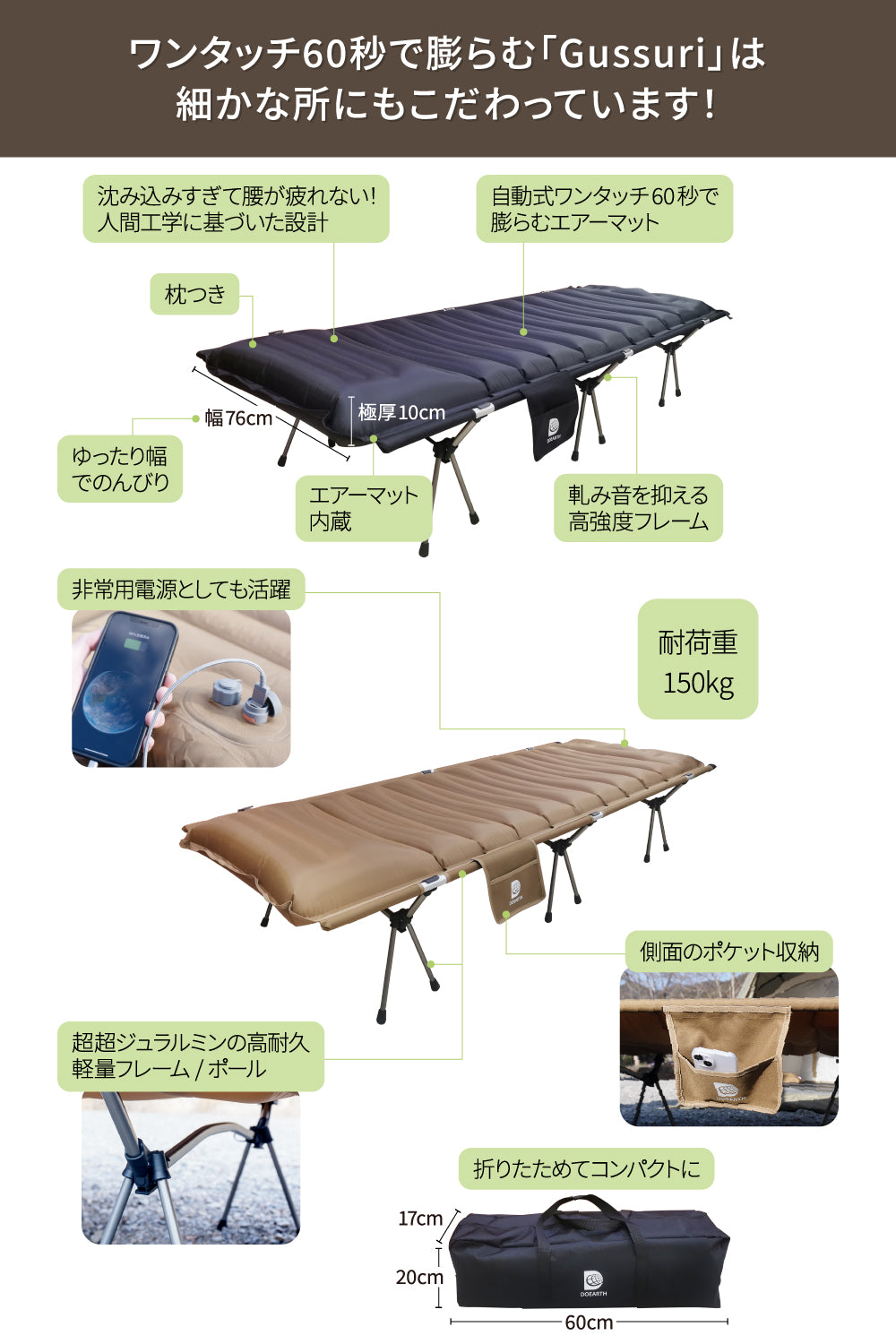 キャンプ泊に沼るエアーコットマットGussuri【注文後2〜4営業日以内に出荷】